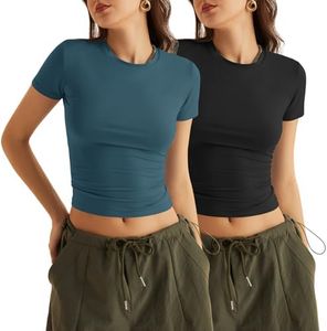 KTILG T Shirts Women Workout Crop Gym Shirt Girl Teen Athletic Ladies Casual Fitted Tight T-Shirts Baby Tees Basic Trendy Fashion 2024 Tops Short Sleeve Summer 2 Pack