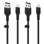 Belkin BoostCharge Flex Silicone USB Type A to Lightning Cable (1M/3.3FT), MFi Certified Charging Cable for iPhone 13, 12, 11, Pro, Max, Mini, SE, iPad and More, 2-Pack, Black