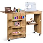 GIANTEX Folding Sewing Cabinet with 5 Wheels and 3 Shelves with Partition for Bedroom, Living Room and Study (Wood Grain)