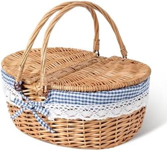 GRANNY SAYS Wicker Picnic Basket for 2 with Handles, Woven Cute Boo Basket with Washable Liner & Dual-Flip Lid, Vintage Large Picnic Baskets for Camping, Outdoor, Gift, Blue and White Checkered Liner