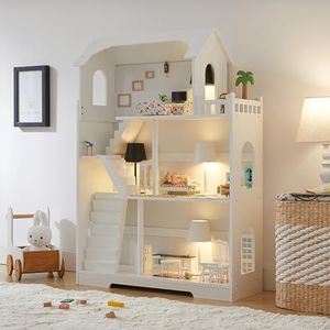 Ocinone Wooden Dollhouse Bookshelf - Toddler Doll House Bookcase, Extra Space Kids Toy Storage Book Shelf, 3-Tier Children Dollhouse, Pretend Play Toy House, Gift for Girls & Boys Ages 3+