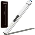 REIDEA Flat Electronic Candle Lighter, Windproof Flameless USB Rechargeable Arc Lighter with Safe Button and Power Indicator for Candle, BBQ and Fireworks, White