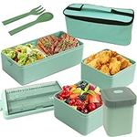 Lunch Bento Box, 47oz Adult Lunch Box, Lunch Snack Containers, Stackable Lunch Container, 4 Compartments&Fork&Spoon&Lunch Bag, Bento Accessories with Soup Box for Adults Kids to Office School (Green)