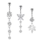 Rajnard Belly Button Bar 14G Dangle Belly Banana Barbell 10mm Surgical Steel Dangling Belly Button Rings Silver Flower Butterfly Heart Navel Piercing Jewelry for Women