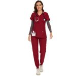 COZYFIT Scrubs for Women Set - Stretch V-Neck Scrub Top & Jogger Pant with 10 Pockets, Yoga Waistband, Anti Wrinkle, Slim Fit Women Scrubs - Burgundy, L