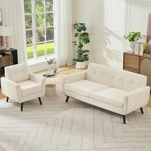 Kingfun Living Room Furniture Sets, Standard & Accent Chair, Mid Century Modern Decor Sofa Couches, Button Tufted Upholstered Furniture, Beige