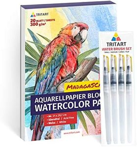 Tritart Set de pinceaux à Eau Professionnels avec réservoir pour Aquarelle/4 pinceaux de réservoir + Papier Aquarelle A4 de Haute qualité
