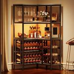 YITAHOME Large Corner Wine Rack, 63'' Corner Bar Cabinet with Power Outlet and LED Light, 5-Tier L Shaped Industrial Liquor Cabinet w/Glass Holder, Corner Open Display Cabinet for Home, Dark Grey