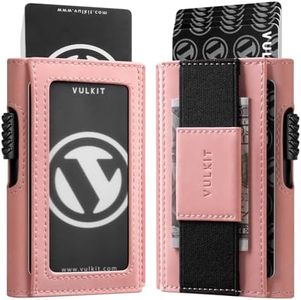 VULKIT Slim Aluminum Card Holder RFID Blocking with Outer Vegan Leather Sleeve, Pop-Up Card Wallet with ID Window and Elastic Strap for Money, Pink