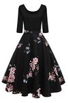 AXOE Women 50s Style Floral Vintage Rockabilly Dress 3/4 Sleeves Black with Peony F4, UK Size 14, L