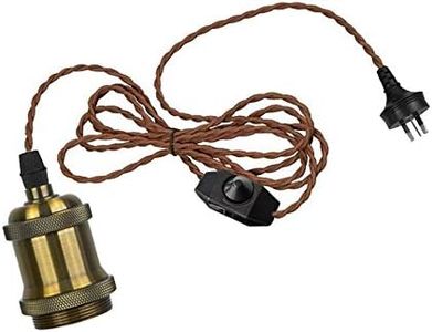 NUNU Lighting Light Bulb Socket Lamp Holder Base To AU Plug-in Power Cable Adapter，Single Vintage Edison Socket plug in Pendant Light Kit Cord with Dimmer Switch and 15FT Twisted Brown Cloth Bulb Cord Hanging Light Fixture
