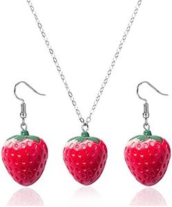 Dreuyet 3D Simulated Fruit Red Strawberry Necklace Earring Set for Women Sweet Fruit Charm Earrings Necklace Cute Food Fruit Strawberry Dangle Earrings (Silver)