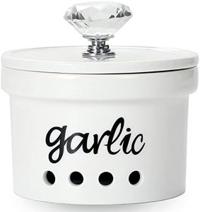 HAOTOP Garlic Keeper with Crystal Lid, 12.5 oz Ceramic Garlic Saver Container for Countertop, Farmhouse Kitchen Decor (Silver)