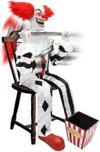 Haunted Hill Farm 4.1-Ft. Sitting Scareclown with Saw & Candy Animatronic