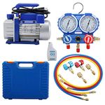 LuckyHigh 3.5 CFM Single Stage Rotary Vane HVAC Air Vacuum Pump, 110V 60Hz 1/4HP R134A Kit with AC Manifold Gauge Set, Hoses, Vacuum Oil Bottle