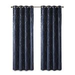 Sun Smart Mirage 100% Total Blackout Single Window Curtain, Knitted Jacquard Damask Room Darkening Curtain Panel with Grommet Top 50 x 108 in, Navy