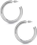 wowshow Chunky Hoop Earrings, Thick Hoop Earrings for Women Silver Plated 45mm Big Open Hoops Lightweight