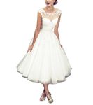 Women's Elegant Sheer Vintage Short Lace Wedding Dress for Bride US 18W Ivory