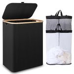 iEGrow 150L Laundry Hamper with Lid-Large Laundry Basket with Bamboo Handles, Black Hampers for Laundry, Dirty Clothes Hamper with 2 Removable Inner Bags for Clothes Toys Towels