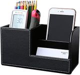 KINGFOM Wooden Struction Leather Multi-Function Desk Stationery Organizer Storage Box Pen/Pencil,Cell Phone, Business Name Cards Remote Control Holder S-Black