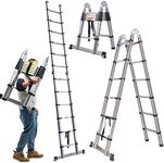ZanGe 3.8M Telescopic Ladder 1.9m+1.9m A-Frame Retractable Extension Multi Purpose Household Ladder Stainless Steel Foldable Telescoping Multifunctional DIY Home Attic Loft Tools Combination Ladder