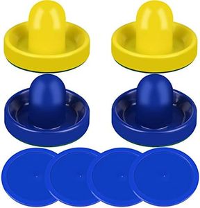 ONE250 Air Hockey Pushers and Blue Air Hockey Pucks, Goal Handles Paddles Accessories for Game Tables (4 Striker, 4 Puck Pack) (Yellow & Blue)