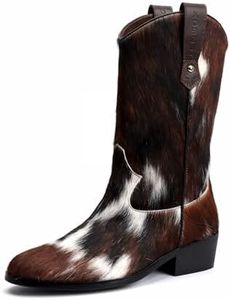 XOBZJH Women's Western Cowboy Boots – Genuine Tricolor Cowhide Leather Tall Cowgirl Boots, Mid-Calf Western Brown Boots for Women, Festival & Fall Fashion