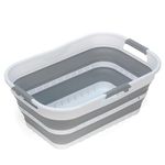 SAMMART 21L Super Mini Collapsible 3 Handled Plastic Basket - Foldable Pop Up Storage Container/Organizer - Space Saving Hamper/Basket (White/Grey)