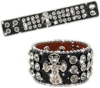 EVERBLTING Rhinestone Bracelet Leather Cuff Bracelet Punk Bracelet, 9", Leather