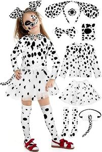 AOTHSO 8 Pieces Halloween Girls Dalmatian Costume Set with Dog Accessories Long Sleeves Tutu Skirt for Kids Cosplay, White+black