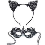 1 Pcs Lace Cat Ear Headband Halloween Cat Ear Hair Bands and 1 Pcs Black Lace Mask for Halloween Venetian Party