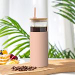 YOGARISE Borosilicate Glass Tumbler with Lid and Straw 600ml, Water & Coffee Tumbler with Silicone Straw & Bamboo Lid, Durable Travel Coffee Mug with Lid (Pink)