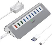 Powered USB Hub 10Gbps, USB C 3.1/3.2 Gen 2 Hub 10 Ports Aluminum USB Splitter with 7×USB 3.1 Data Ports, 3×Fast Charging Ports, 36W Power Adapter and USB Cable 3.3ft for Laptops, PC and More