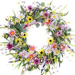 Yawwind 24 Inches Summer Wreaths for Front Door Summer Floral Wreath Summer Door Wreath with Daisy Lavender Wildflower Green Eucalyptus Leaves for Spring Summer Indoors Home Outdoor Decor