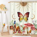 Butterfly Mushroom Shower Curtain Moon Moth Boho Wildflower Burning Sun Stars Watercolor Botanical Bathroom Decor Vintage Vintage Plant Art Shower Curtains Waterproof Fabric with Hooks, 72''x72''