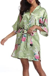UrHot Women's Short Floral Kimono Robe Peacock and Blossom Bathrobe for Wedding Party Green