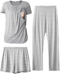 SUNNYBUY Womens Maternity Nursing Pajamas Set, Short Sleeve Breastfeeding Shirts，Pregnancy Shorts & Pants 3 Piece Nursing PJS, Grey&stripe, Large