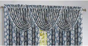 PREMIUS Margie Jacquard Rod Pocket Waterfall Window Valance with Beads, Blue, 48x37 Inches