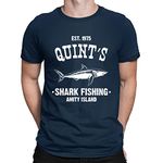 Mens Quints Fishing Shark Jaws Inspired Amity Cult Movie T-Shirt Navy Blue (L)