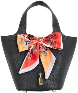 Lafillmiss Leather Handbag (Scarf Detaches) Genuine Leather Bucket Bag for Women,Market Tote Bags with Metal Clasp(Black-gold)