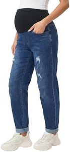 OUGES Women's Maternity Pregnancy Jeans Pants Cotton Cute Ripped Denim Work Jeans Over Belly Loose Barrel Leg Slim Tall Petite Casual Fit Pockets Maternity Clothes Outfits Mom Jeans 2026(Dark Blue,L)