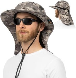 SUN CUBE Mens Fishing Hat with Neck Flap for Men | Sun Hat with Wide Brim for Hiking Safari with Neck Cover for Outdoor Sun Protection UPF50+ | Camo Gray