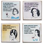 4 Funny Wine Coasters Set & Holder | Rustic Wood with Funny Sayings & Quotes | Great Wine Gift for Women | Housewarming Gift for Wine Lovers by Zumatico