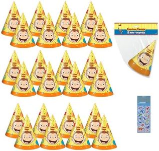 Unique Curious George Birthday Party Supplies Bundle Pack includes 24 Party Cone Hats and 1 Dinosaur Sticker Sheet