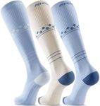 FITRELL 3 Pairs Compression Socks for Women and Men 20-30mmHg- Support Socks for Travel, Running, Nurse, Knee High, Diamond Clear Days, Light Blue+White S/M