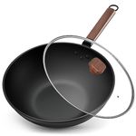 Jobin 13Inch/33cm Wok Non Stick with Lid Carbon Steel Wok and Large Capacity for Cook Asian Dishes for 4-6 People, Ideal for Induction, Gas, All Hobs