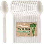 HAAGO - 100 Spoons PLA Cutlery Set - Reusable, Dishwasher Safe Heavy Duty Cutlery for Parties, Weddings, Events, for Hot & Cold Food - White 16cm / 6"