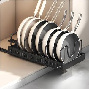 SJTOEB Pull Out Pots and Pans Organizer for Under Cabinet,Pull Out Cabinet Organizer for Pot and Pan Storage, Pot Lid Organizer and holder with Adjustable Dividers (black, 8 dividers)