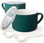 Wareland Soup Bowls with Handles & Spoons, 30oz Ceramic Ramen Bowl with Lid, Large Soup Mugs/Cups for Instant Noodle, Big Cereal Bowls for Oatmeal, Soup Containers with Lids, Set of 2, Dark Green