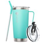 Bluwing 20 oz Coffee Mug with Handle Stainless Steel Insulated Double Wall Tumbler with Straw and Leakproof Seal Slide Lid (Teal)